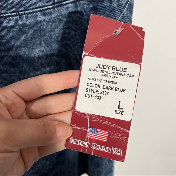 Judy Blue Vintage A-Line Skater Dress In Dark Blue Acid Wash Open Back Size L - Picture 4 of 10
